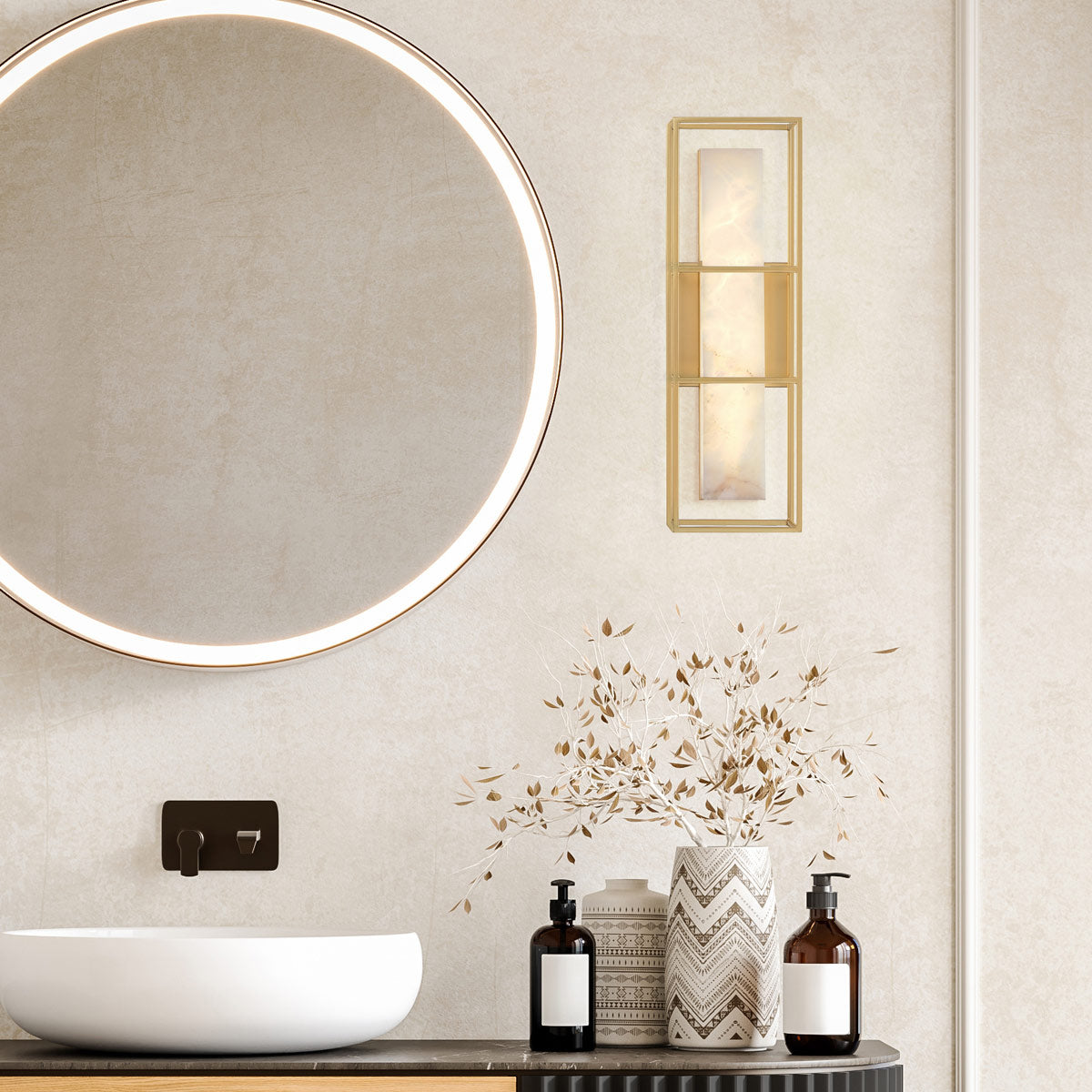 Blakley Medium LED IP44 Wall Light in Brushed Gold with Alabaster Stone