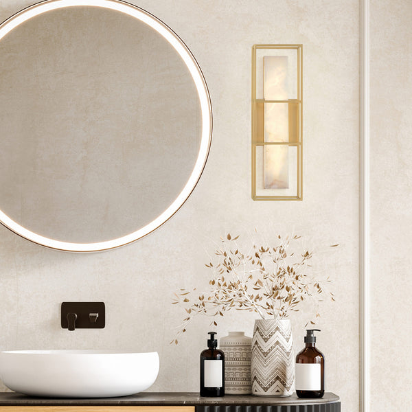 Blakley Medium LED IP44 Wall Light in Brushed Gold with Alabaster Stone
