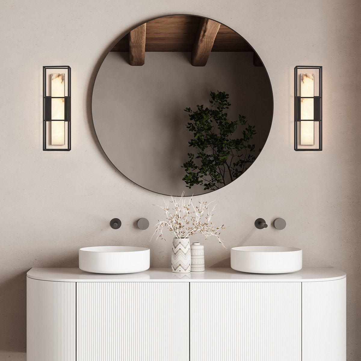 Blakley Medium LED IP44 Wall Light in Matte Black with Alabaster Stone
