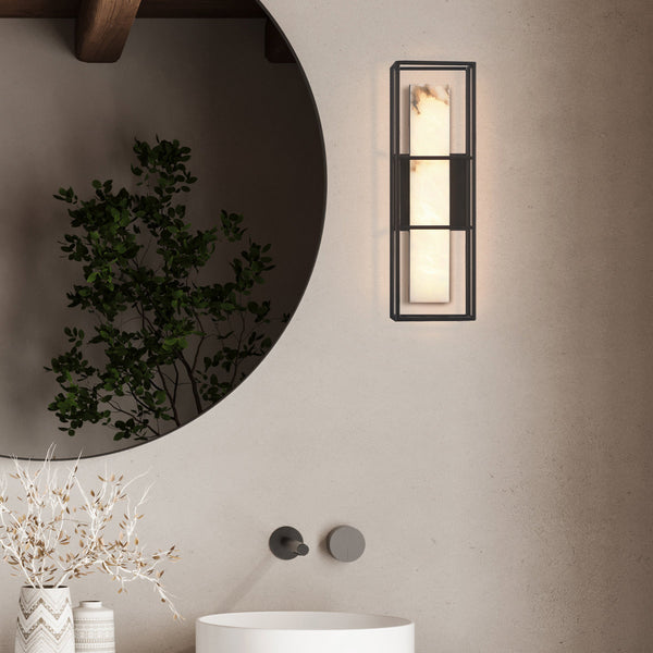 Blakley Medium LED IP44 Wall Light in Matte Black with Alabaster Stone