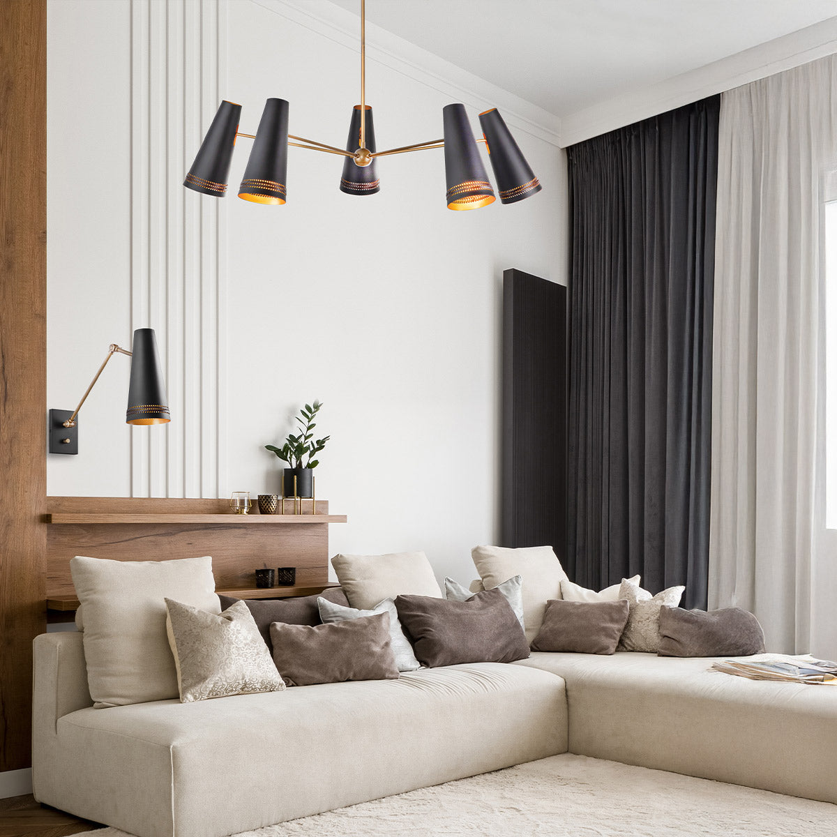 Brickell Adjustable Wall Light in Matte Black with Hazelnut Leather