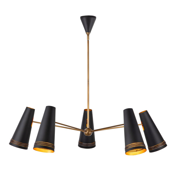 Brickell Five Light Chandelier in Matte Black with Hazelnut Leather