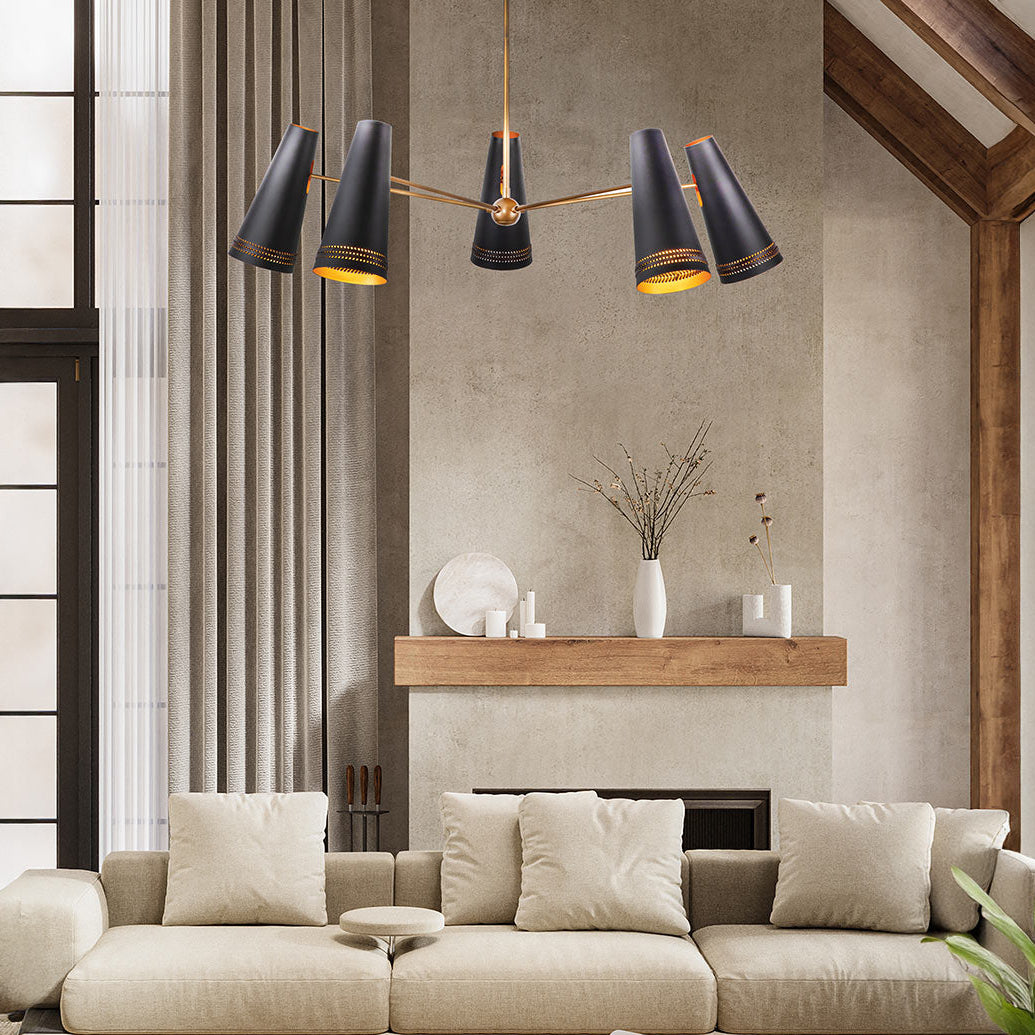 Brickell Five Light Chandelier in Matte Black with Hazelnut Leather