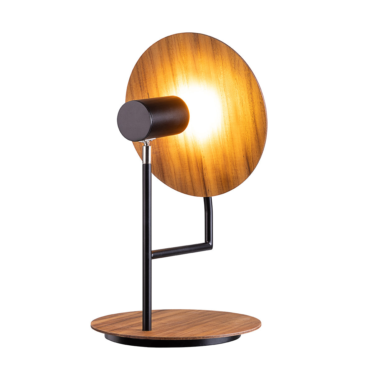 Accord Dot Natural Teak Wood Veneer Table Lamp with a round wooden shade and black metal base