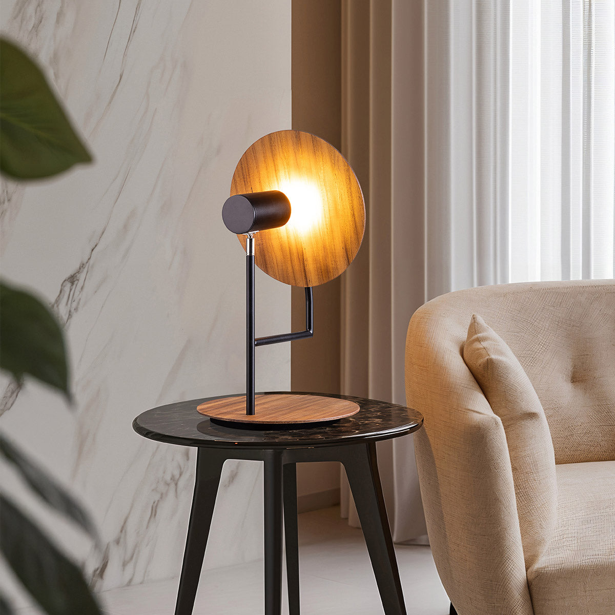 Accord Dot Natural Teak Wood Veneer Table Lamp with a round wooden shade