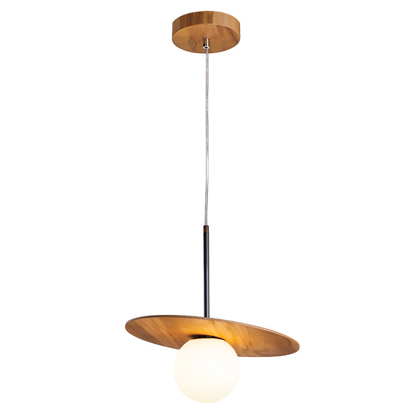 Orbit Natural Teak Wood Veneer Single Drop Pendant with Opal Glass Diffuser