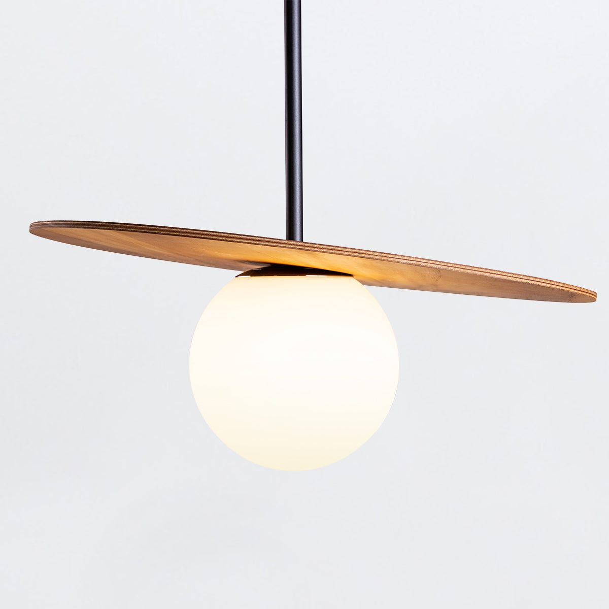 Orbit Natural Teak Wood Veneer Single Drop Pendant with Opal Glass Diffuser