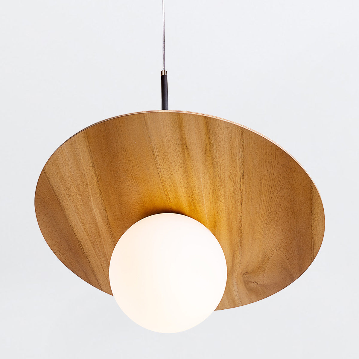 Orbit Natural Teak Wood Veneer Single Drop Pendant with Opal Glass Diffuser