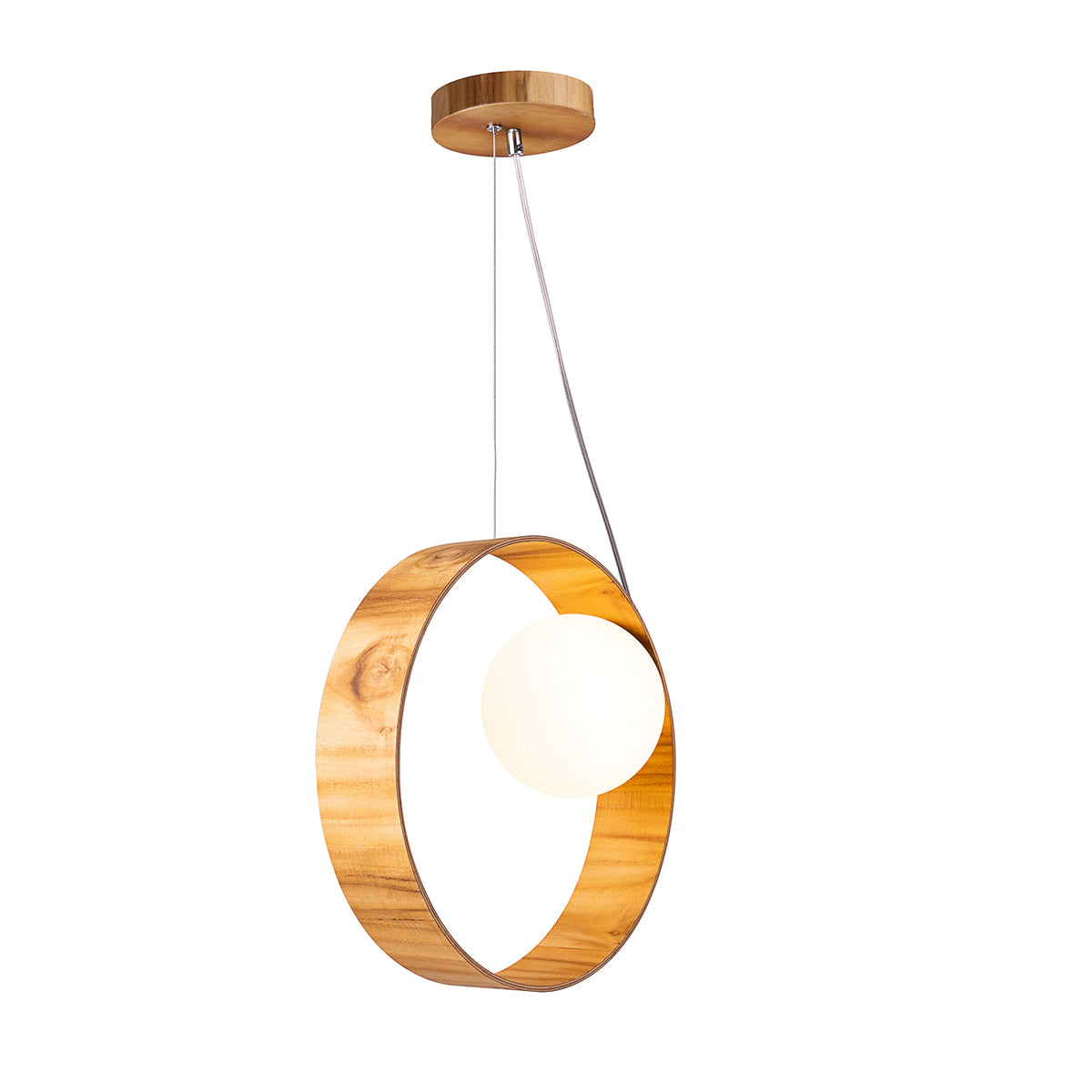 Sfera Natural Teak Wood Veneer Single Drop Pendant with Opal Glass Diffuser