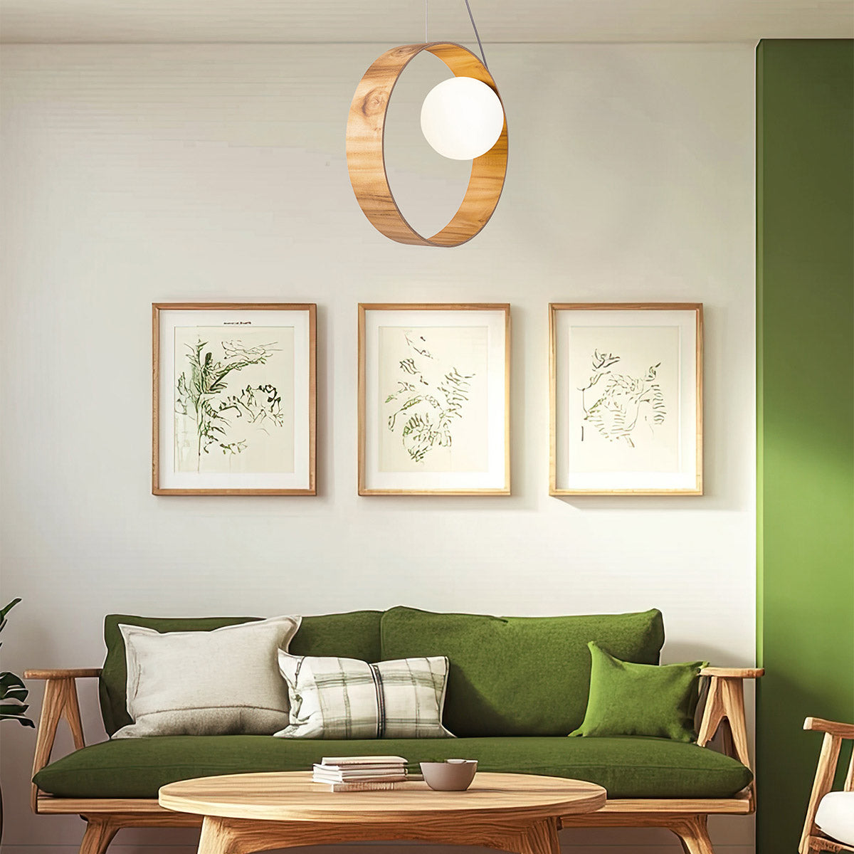 Sfera Natural Teak Wood Veneer Single Drop Pendant with Opal Glass Diffuser