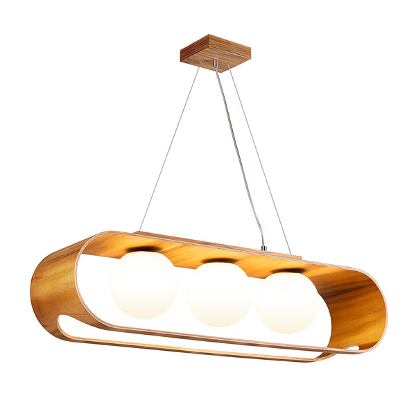 Sfera Natural Teak Wood Veneer Linear Pendant with Opal Glass Diffusers