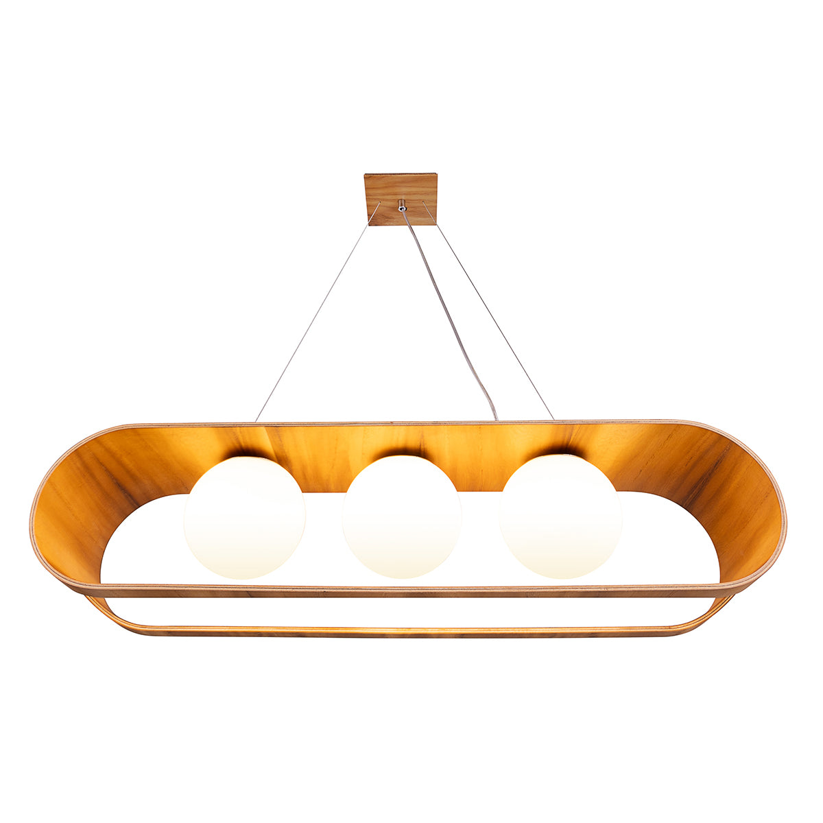 Sfera Natural Teak Wood Veneer Linear Pendant with Opal Glass Diffusers