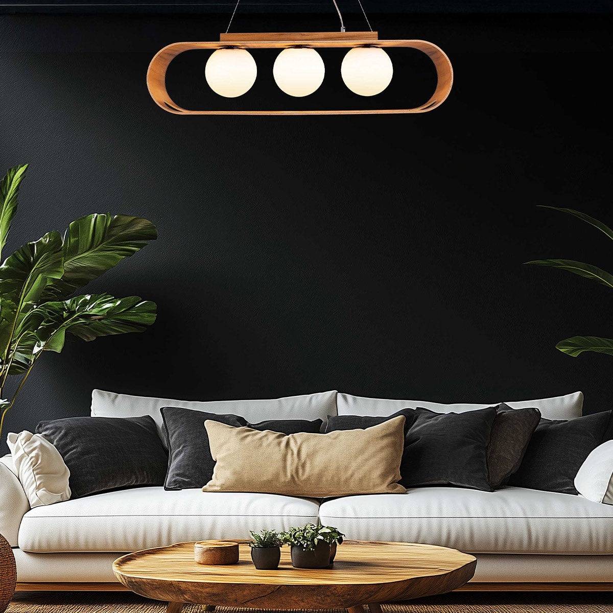 Sfera Natural Teak Wood Veneer Linear Pendant with Opal Glass Diffusers