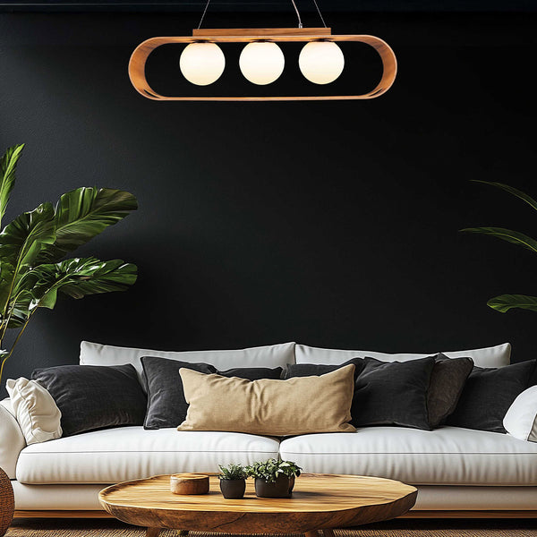 Sfera Natural Teak Wood Veneer Linear Pendant with Opal Glass Diffusers