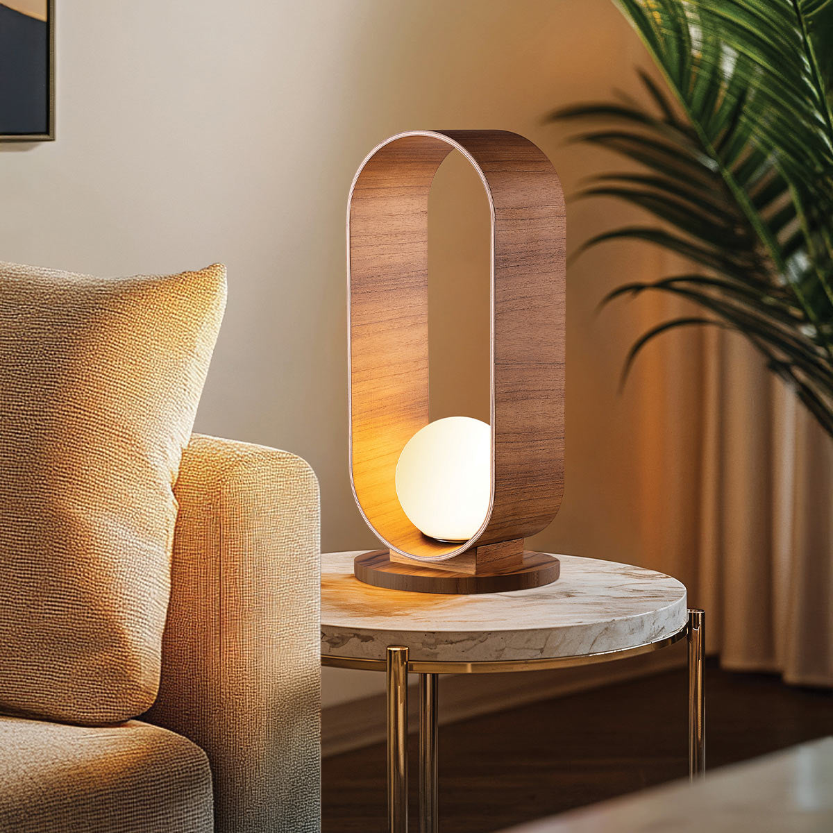 Sfera Natural Teak Wood Veneer Table Lamp with Opal Glass Diffuser