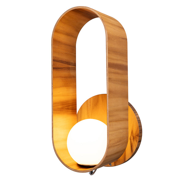 Sfera Natural Teak Wood Veneer Wall Light with Opal Glass Diffuser