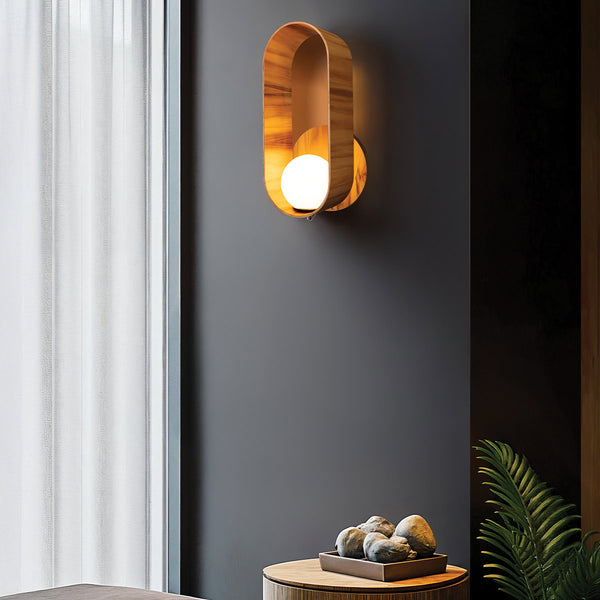 Sfera Natural Teak Wood Veneer Wall Light with Opal Glass Diffuser