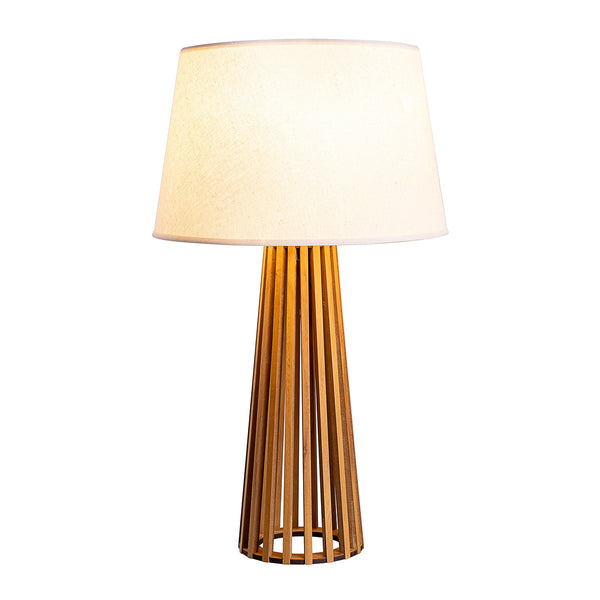 Slatted Natural Teak Wood Veneer Table Lamp with Ivory Shade