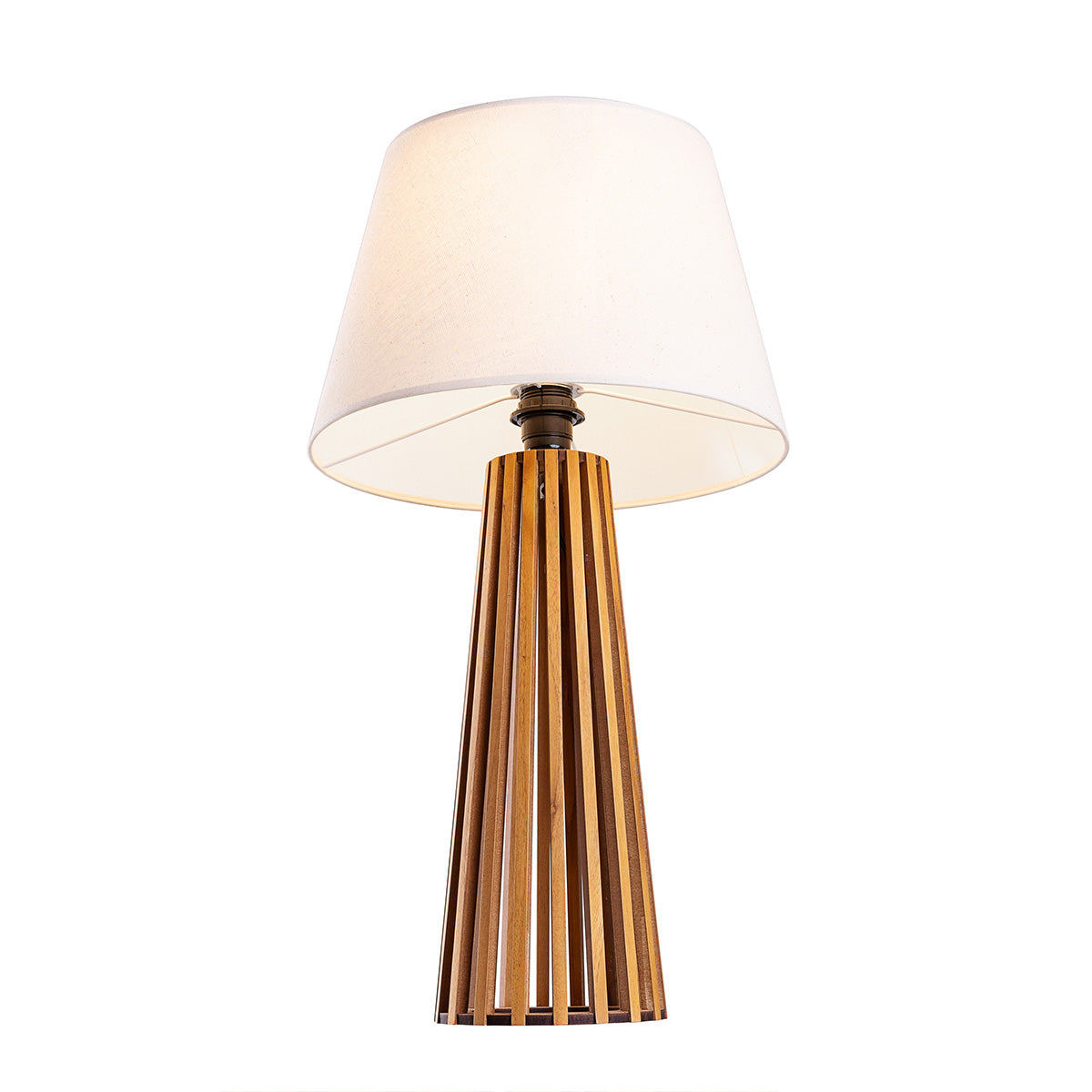Slatted Natural Teak Wood Veneer Table Lamp with Ivory Shade