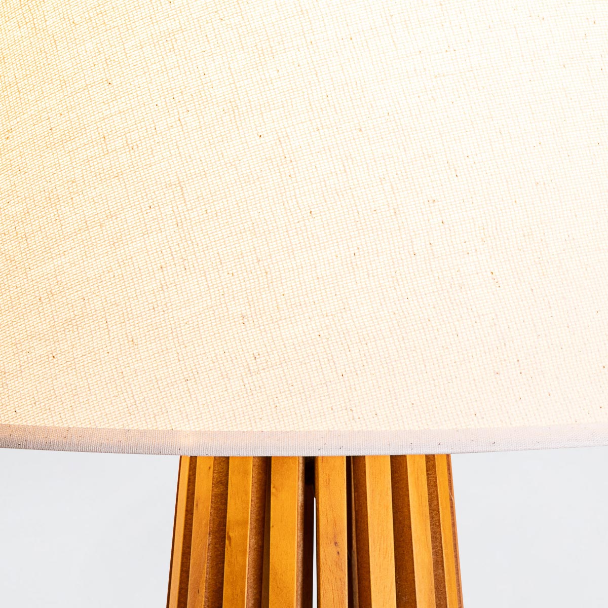 Slatted Natural Teak Wood Veneer Table Lamp with Ivory Shade