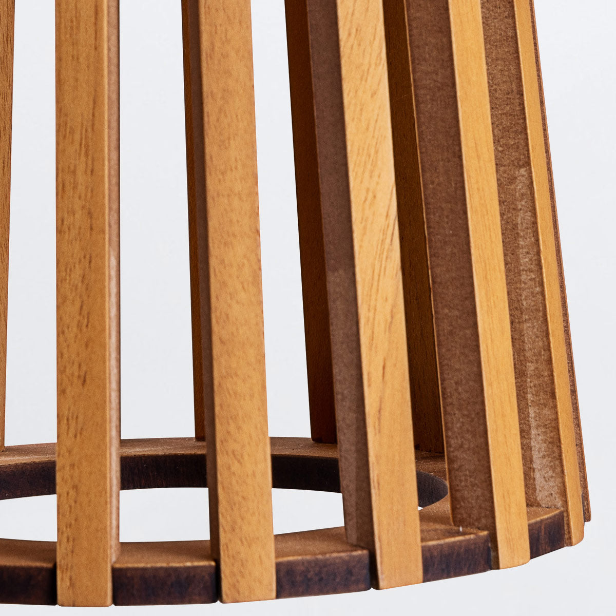 Slatted Natural Teak Wood Veneer Table Lamp with Ivory Shade