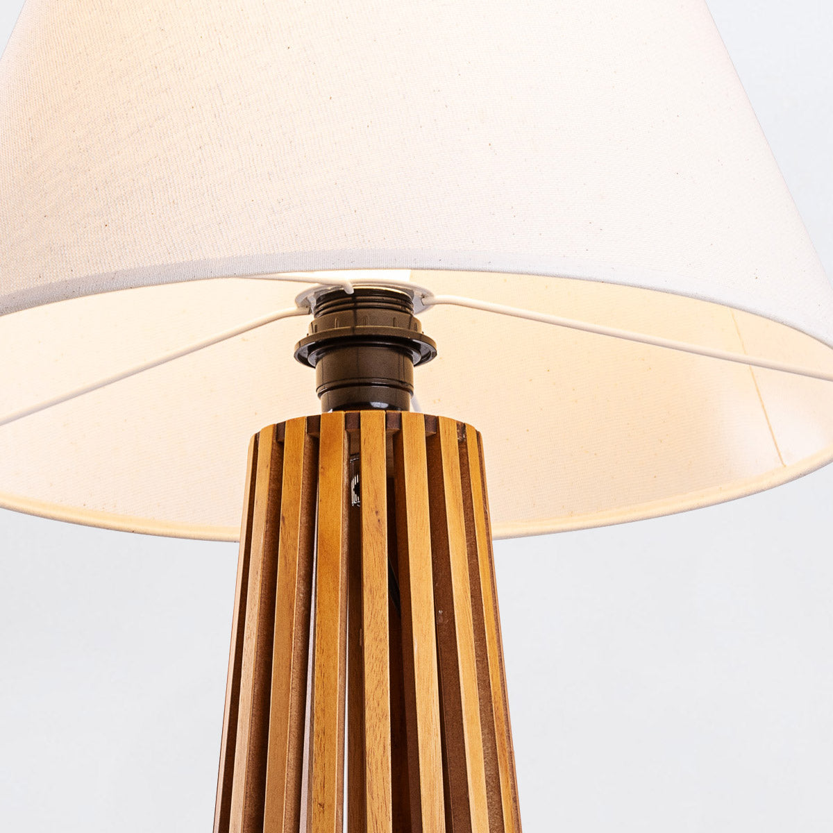 Slatted Natural Teak Wood Veneer Table Lamp with Ivory Shade