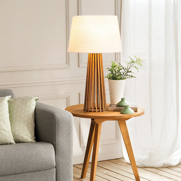 Slatted Natural Teak Wood Veneer Table Lamp with Ivory Shade