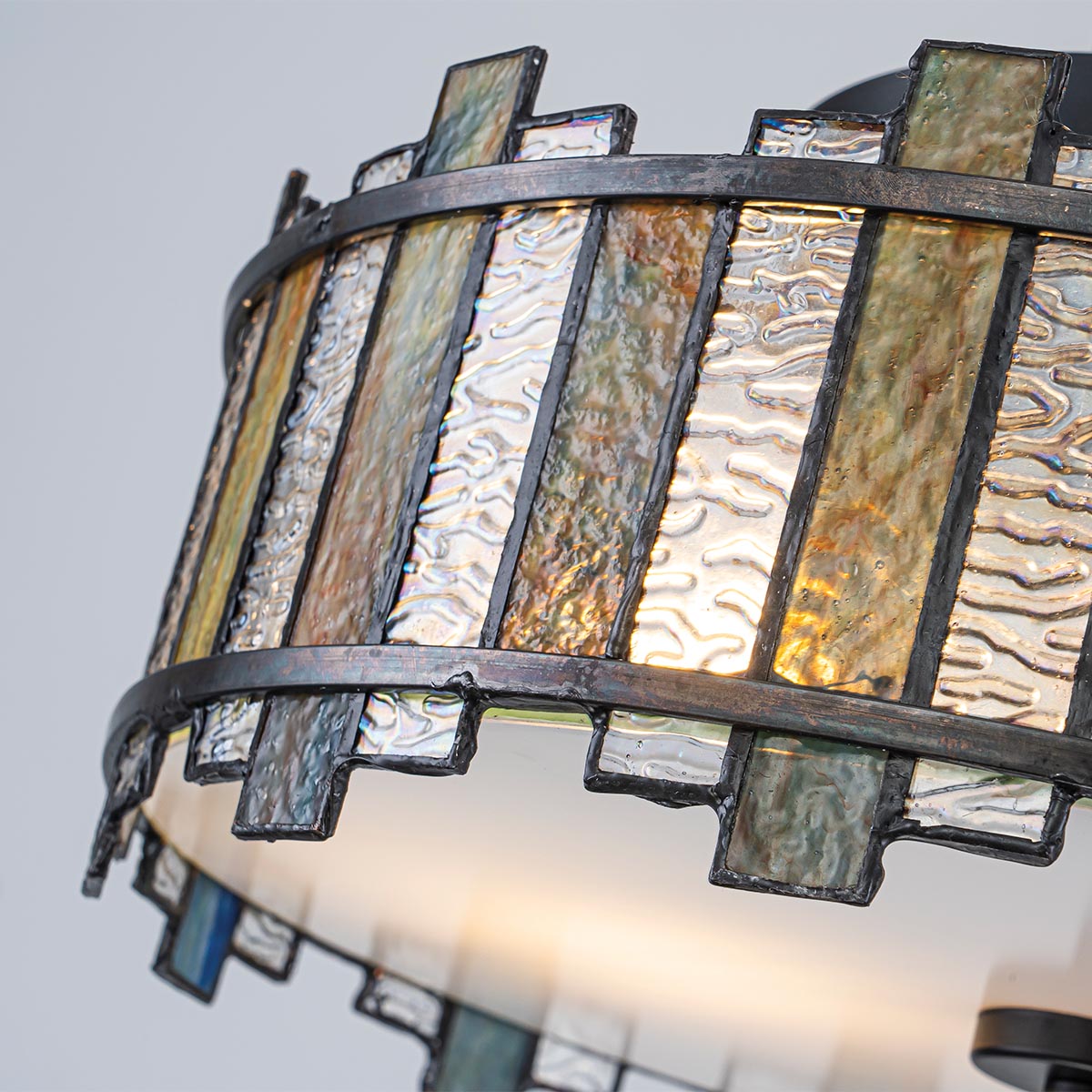 Sentry Ceiling Light in Black with Tiffany Style Textured Art Glass