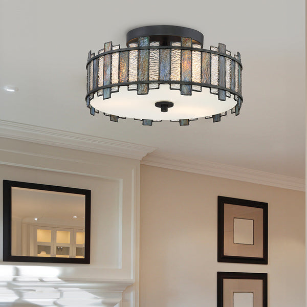 Sentry Ceiling Light in Black with Tiffany Style Textured Art Glass