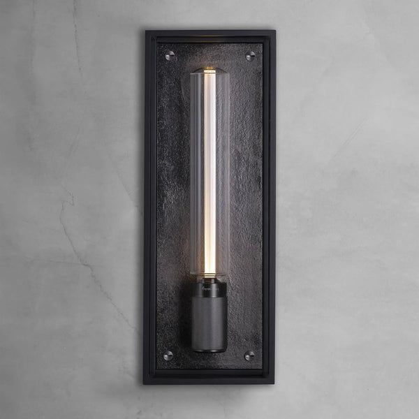 Black rectangular wall sconce with a vertical clear glass tube light
