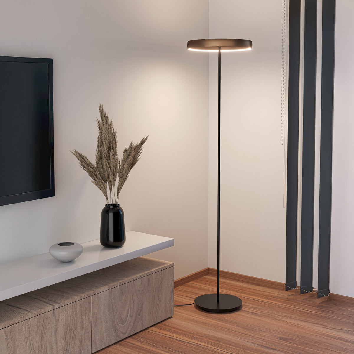 A modern living room with a black floor lamp, a TV, and a wooden media console with decorative vases.