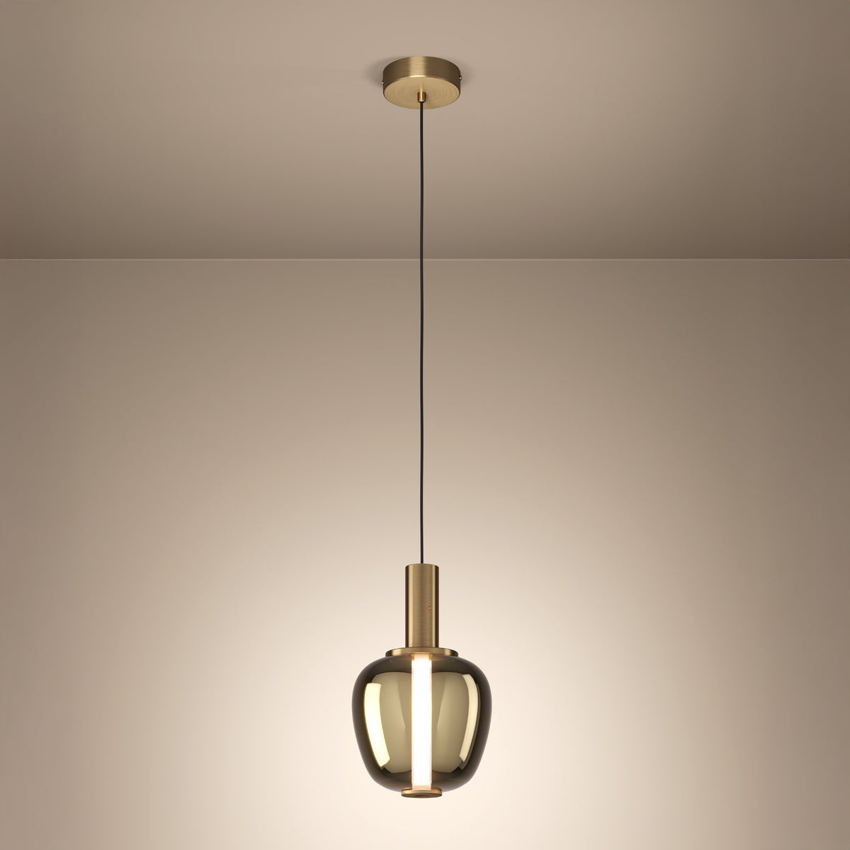 Modern brass and smoked glass pendant light with a vertical LED bulb, hanging from a ceiling.