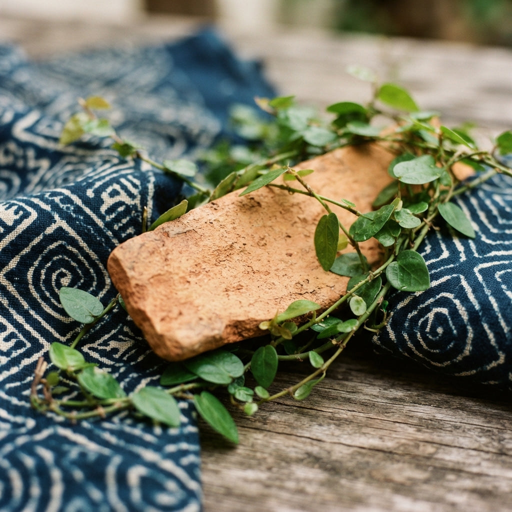 Traditional Indigo Adire cloth with terracotta elements and green vines profile