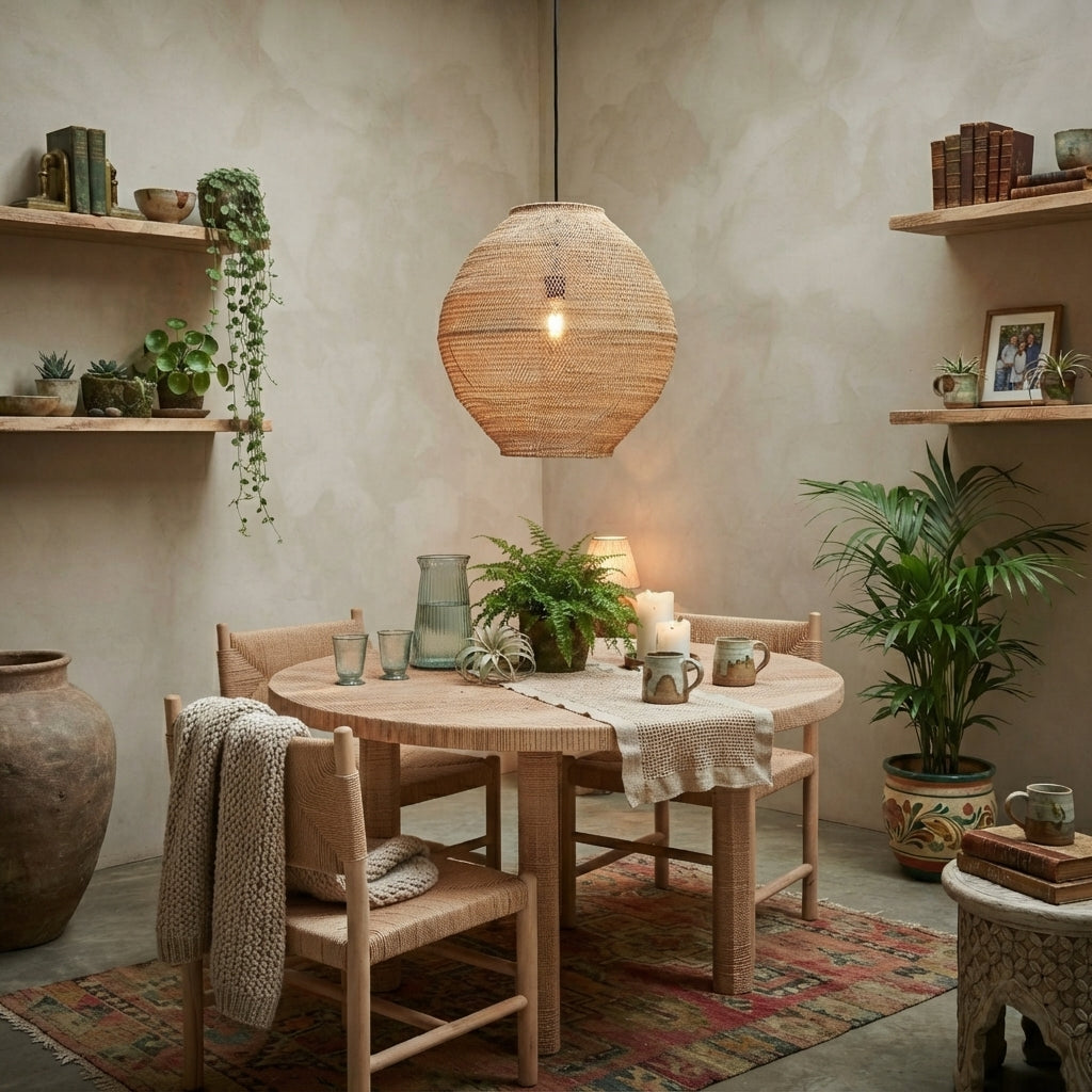 Layered Plant Canopy with Woven Rattan Overhead Pendants