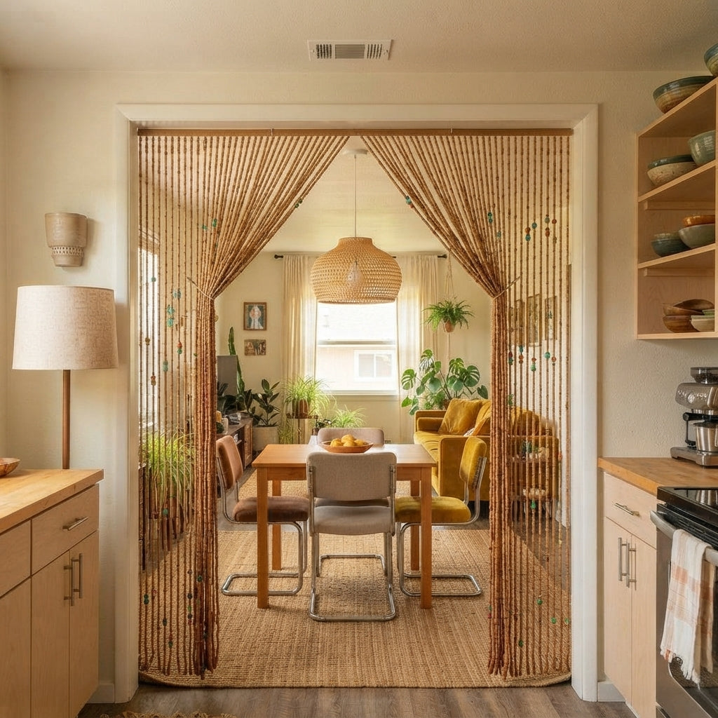 Tactile Threshold Beaded Bamboo Transition with Golden Ambient Glow