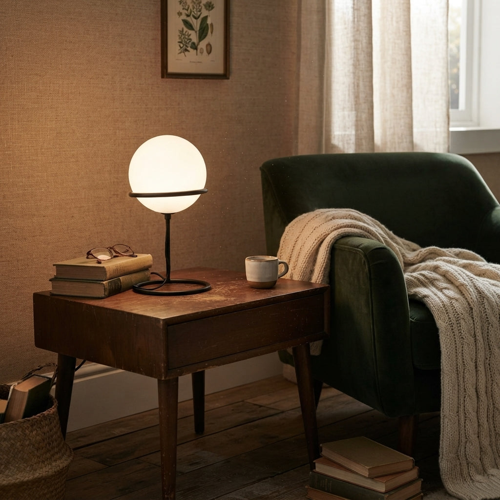 Elegant reading nook with brass lamp