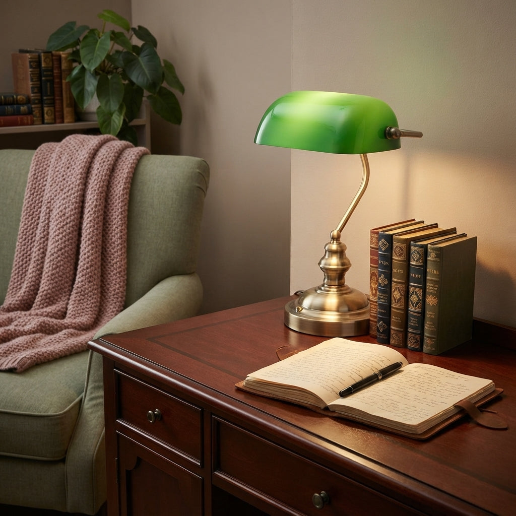 Intellectual Focused Antique Desk Area with Task Lamp Profile