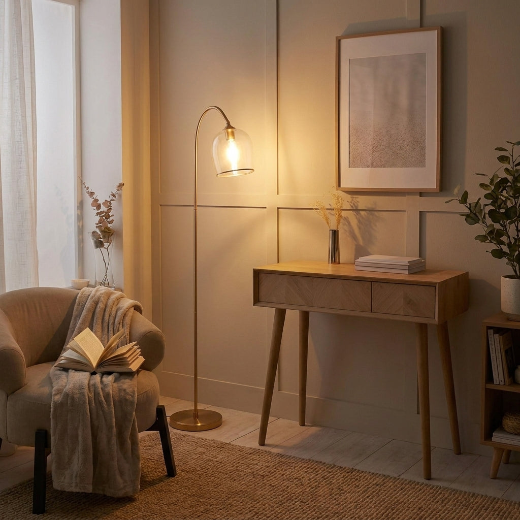 Endon Lighting Ashcroft Floor Lamp in Brushed Aged Brass with Clear Ribbed Glass
