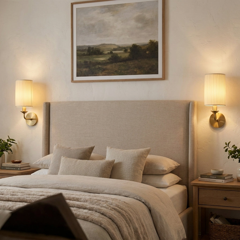 Deco Banyan Wall Light in Antique Brass with Pleated Ivory Pearl Fabric Shade