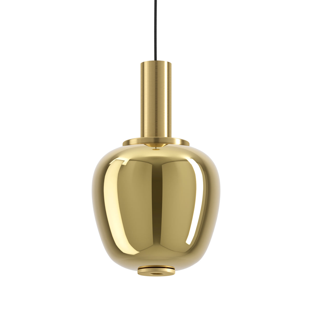 Polished brass pendant light with a cylindrical top and a rounded, apple-shaped body, on a white background.