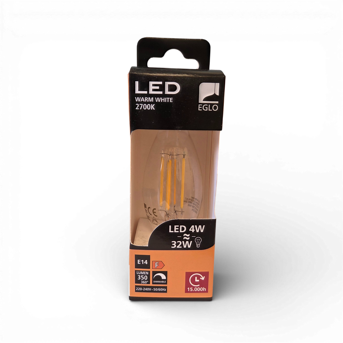 Eglo E14 Dimmable Warm White LED Candle 4W 2700K 350lm bulb in packaging