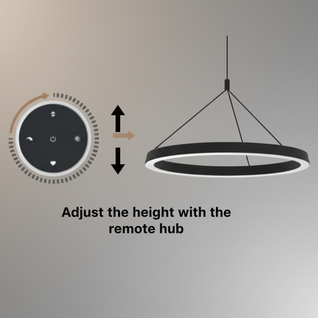 A circular light fixture with a remote control. The light can be adjusted up or down, and the remote has various settings.