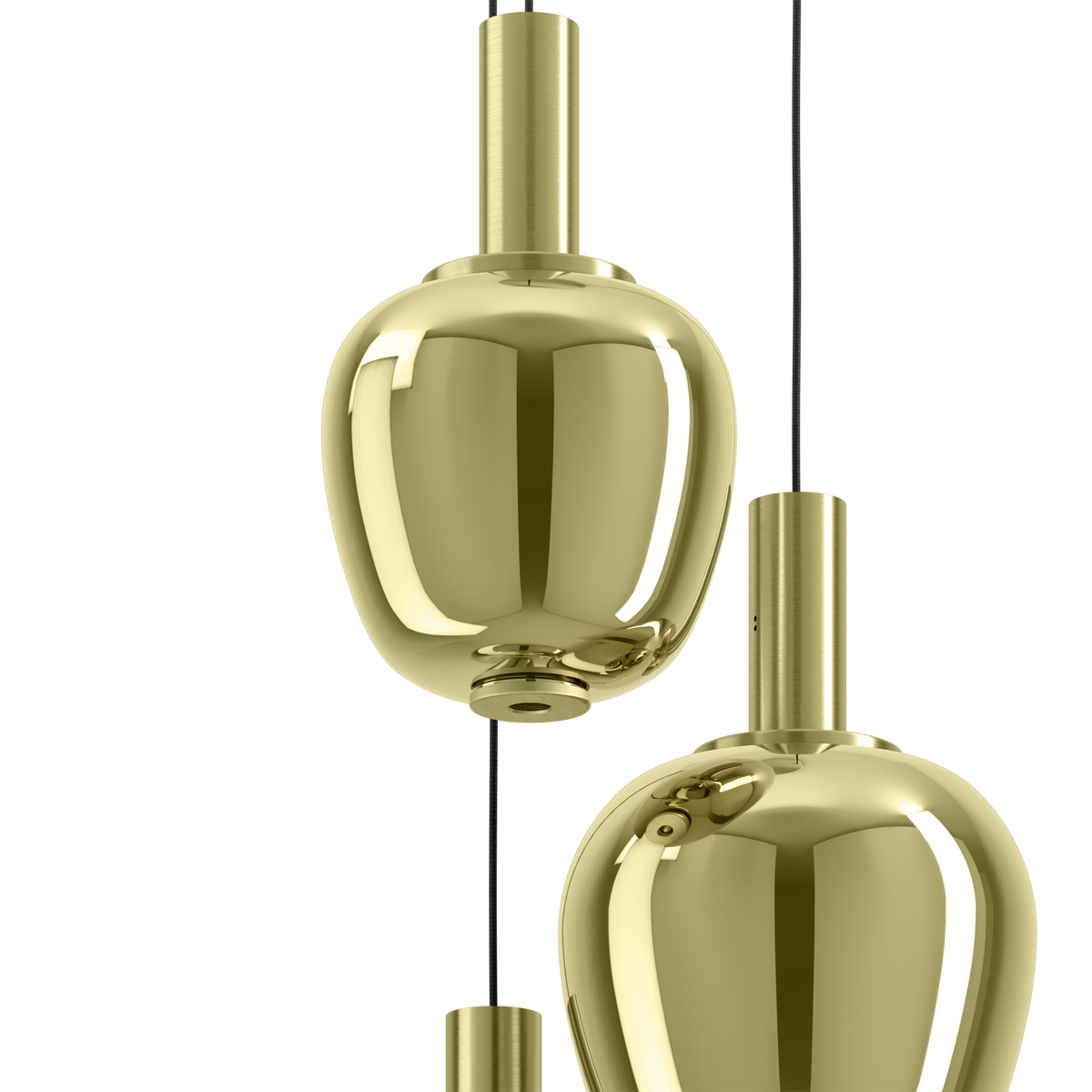 Two golden pendant lights with sleek, modern design hanging against a white background.