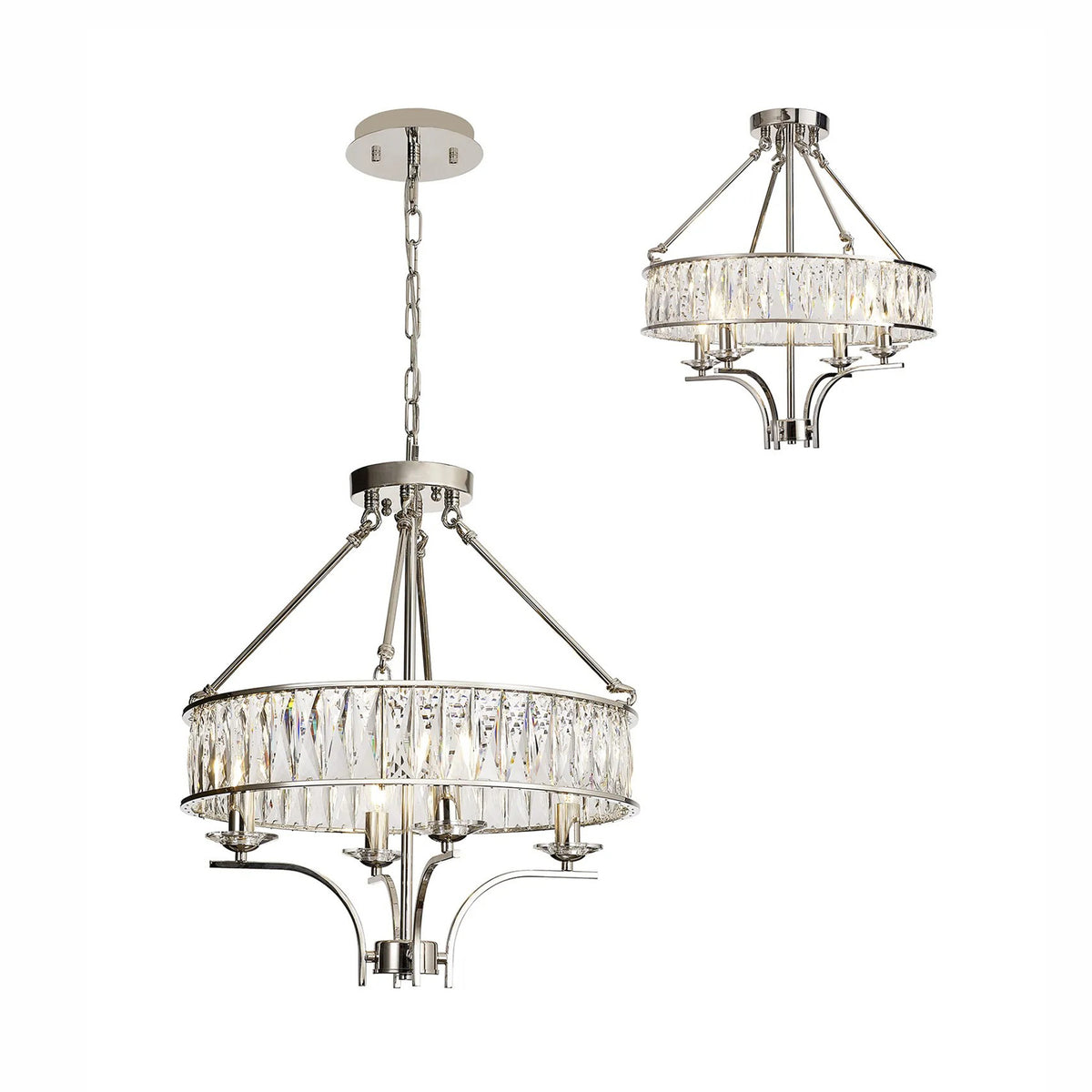 Vivienne 4 Light Chandelier or Semi Flush in Polished Nickel & Clear Crystal
